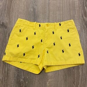 Ralph Lauren Sport Women's 4 Yellow Shorts with All Over Logo Navy Embroidery